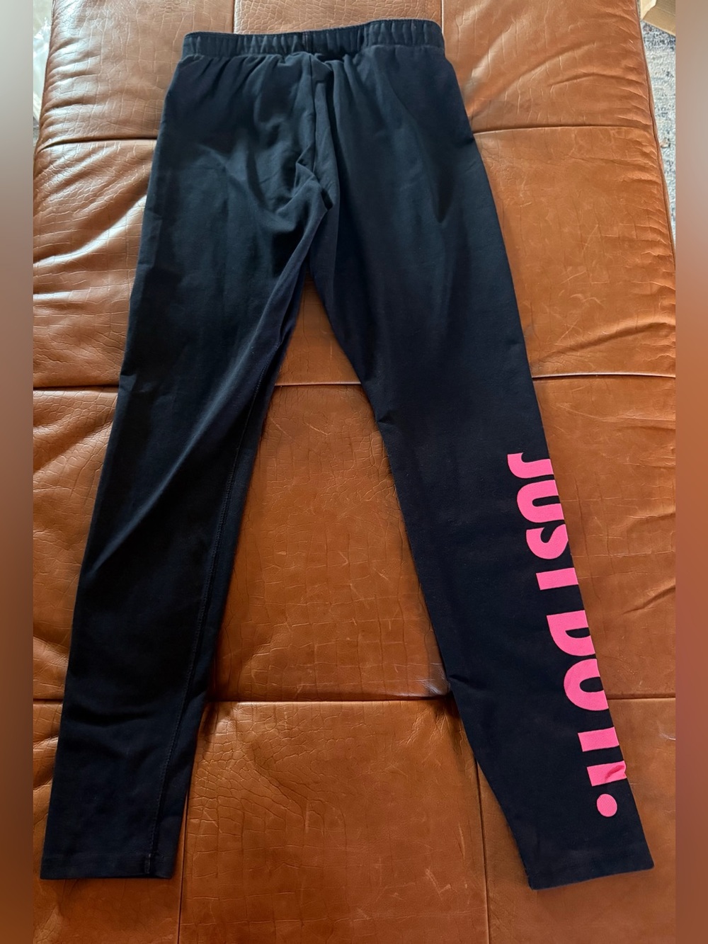 Nike Women’s Black Leggings with Pink 'JUST DO IT.' Side Print Medium